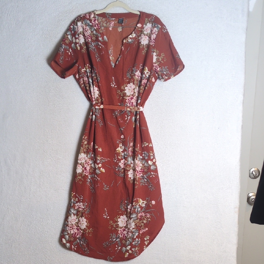 SHEIN Womens Brown Floral Rose V Neck Belted Midi Dress Size‎ XL